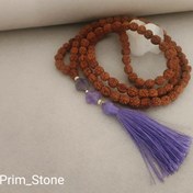 تصویر رودراکشا سایز ۸ همراه با سنگ آمیتیس برش ونکلیف و نقره عیار ۹۲۵ Rudraksha mala