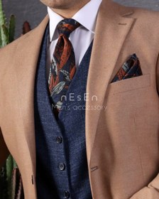 تصویر ست کراوات و پوشت مردانه NESEN - طرح برگ سرمه‌ای نارنجی T113 