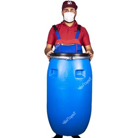 تصویر بشکه ۱۴۰ لیتری آبی پلاستیکی درب تسمه دار 140 liter blue plastic barrel with strap lid