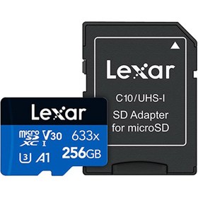 تصویر رم میکرو 256 گیگ لکسار Lexar Blue Series 633X A1 V30 U3 C10 100MB/s + خشاب Lexar Blue Series 633X A1 V30 U3 C10 100MB/s 256GB MicroSD Memory Card