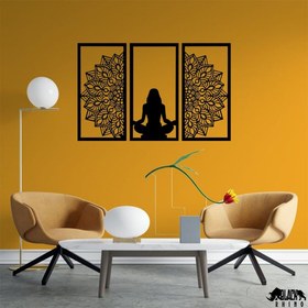 تصویر استیکر چوبی 3 تکه طرح یوگا به همراه گل نیلوفر آبی 