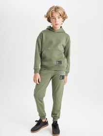 تصویر هودی کمرنگ با فیت گشاد و جیب، سویشرت ضخیم مدرسه برند Defacto Khaki Oversized Fit Hoodie With Pockets Thick School Sweatshirt