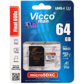 تصویر کارت حافظه micro SD ویکومن مدل Extra 600x با ظرفیت 64 گیگابایت، کلاس 10 Wiccoman Extra 600x micro SD memory card with a capacity of 64 GB, class 10