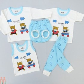 تصویر بهترین لباس نوزاد پسرانه ست 5 تکه نخی آبی سفید تدی Baby clothes set 