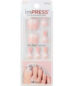 تصویر بسته ۲۴ عددی ناخن مصنوعی پدیکور قابل چسباندن به رنگ صورتی برند kiss Pack Of 24 Impress Press-On Pedicure False Nails Pink