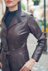 تصویر مانتو زنانه چرم ماد مدل نیلوفر رنگ قهوه ای و مشکی 