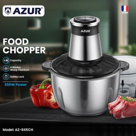 تصویر خردکن AZUR مدل AZ-845CH - موتور 350 وات، تیغه تیتانیوم و مخزن شیشه‌ای 2.5 لیتری AZUR chopper model AZ-845CH - 350 watt motor, titanium blade and 2.5 liter glass tank