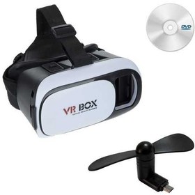 تصویر هدست واقعیت مجازی وی آر باکس مدل VR Box به همراه DVD نرم افزار و پنکه همراه microUSB 