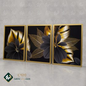 تصویر تابلو بوم سه تکه طلایی مشکی برگ - هر تکه ۳۰×۴۰ ا Tablo Tablo