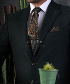 تصویر ست کراوات و دستمال جیب مردانه NESEN | سبز طلایی طرح بته‌جقه T133 