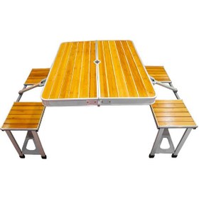 تصویر میز و صندلی سفری چوب آلومینیوم ا میز چهار نفره چوبی با محافظ آلومینیوم میز چهار نفره چوبی با محافظ آلومینیوم