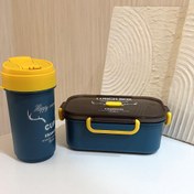 تصویر ظرف غذا دو طبقه همراه قاشق و چنگال 