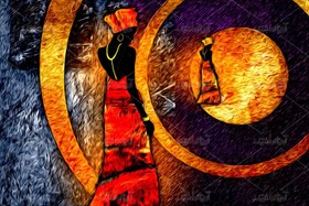 تصویر عکس با کیفیت خانم رنگین پوست با لباس قرمز در تونلی گرافیکی 