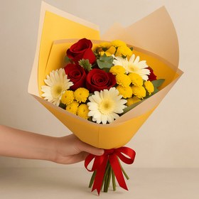 تصویر دسته گل زرد با ژربرا سفید کد34 (ترکیه) 