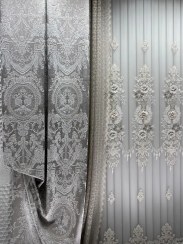 تصویر پرده تور فلت گل برجسته دو پنل مدل پلیسه دکور لب حاشیه کرم 