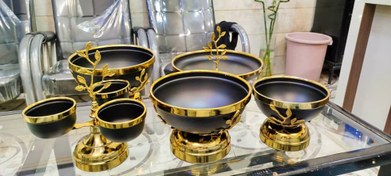 تصویر ست پذیرایی 5 تیکه گلبرگ دو رنگ طلاییی و مسی ( عمده و تک) سرو و پذيرايي