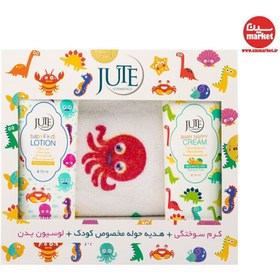 تصویر پک کودک شامل کرم سوختگی، لوسیون بدن و هدیه حوله مخصوص کودک ژوت ا Jute Kids Pack Jute Kids Pack