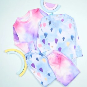 تصویر بلوز شلوار نخی لاکرا بچگانه طرح آبرنگی و بادکنکی | ست خونگی کودکانه 