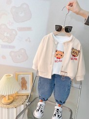 تصویر ست سه تیکه با کیفیت با ژاکت کرمی و شلوار لی پسرانه وارداتی مناسب 1.5 تا 5 سال - سایز 