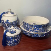 تصویر ست ظروف بته جقه آبی جنس سرامیکی کپی 