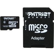 تصویر کارت حافظه microSDHC پتریوت مدل LX استاندارد UHS-I U1 کلاس 10 همراه با آداپتور SD ظرفیت 16 گیگابایت 