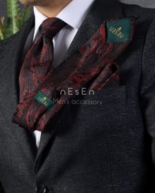 تصویر ست کراوات و پوشت مردانه NESEN - طرح برگ مشکی زرشکی T111 