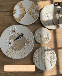 تصویر ست دیوار کوب کرم قهوای نسکافه ای برجسته طرح گل وپرنده ورق طلا دیوار کوب