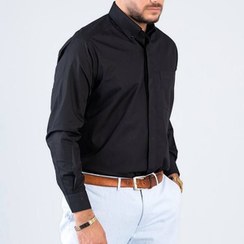 تصویر پیراهن مردانه مشکی آستین بلند تترون یقه کار شده دکمه مخفی سایز XL 