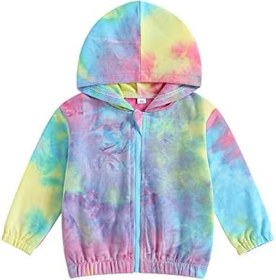 تصویر Newborn Baby Boys Girls Zip Up Hooded Coat Rainbow Print Long Sleeve Windbreaker Outerwear Tie Dye Shirt Jacket 