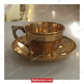 تصویر فنجان نعلبکی برنجی برنزی هندی قلم دست بزرگ Large hand pen Indian bronze brass saucer cup