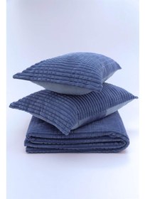 تصویر ست پتو دو نفره ۳ تکه خط مدرن به رنگ آبی تیره برند merinos Modern Line 3 Piece Double Blanket Set Navy Blue