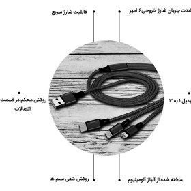 تصویر کابل تبدیل USB به MicroUSB / USB-C / لایتنینگ پاواریال مدل DC66 طول 1.2 متر 