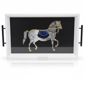 تصویر سینی دکوراتیو قاب سفید زمینه مشکی با اسب سفید 43 سانتی 