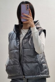 تصویر پافر کلاه دار قد ۵۰ سایز فری سایز رنگ طوسی و قرمز 