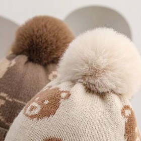 تصویر کلاه نوزادی و بچگانه بافت زمستانی گوشدار بنددار گره ای تدی آستردار ۱ تا ۳سال 