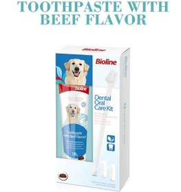 تصویر ست مسواک و خمیردندان سگ بایولاین با طعم گوشت Bioline Dental Oral Care Kit With Beef Flavor وزن 100 گرم 