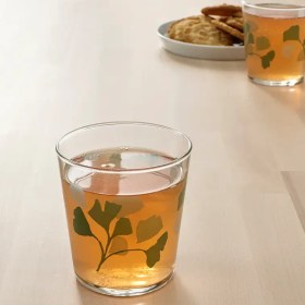 تصویر لیوان طرح دار ایکیا مدل STILENLIG بسته 4 عددی IKEA STILENLIG Glass, clear glass leaf patterned/green, 30 cl