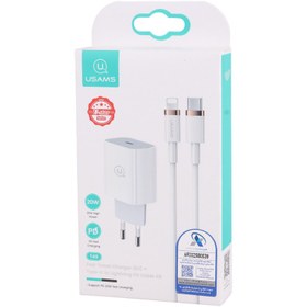 تصویر شارژر دیواری فست شارژ Usams T49 3A PD 20W + کابل تبدیل آیفونی Usams T49 3A PD 20W Fast Wall Charger With Lightning Cable