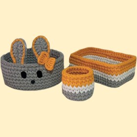 تصویر ست سبد قلاب بافی تریکو طرح سیسمونی نوزادی خرگوشی کد 16 مجموعه 3 عددی 