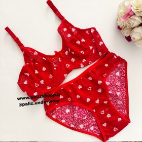 تصویر ست شورت و سوتین زنانه گیپور قلب قلبی کد 1046 - قرمز / Woman's underwear set1046