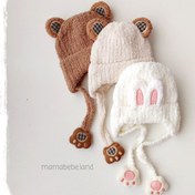 تصویر کلاه بوکله پاییزی و زمستانی بچه گانه فانتزی خرسی بنددار ۱ تا ۳سال - قهوه ای Kolah