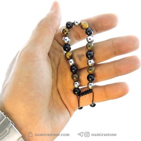 تصویر دستبند سنگ چشم ببر ، حدید و اونیکس tiger eye ، onyx ، Hematite 