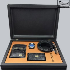 تصویر ست چرم ۴ تکه با فندک ساعت دار دنیس | چرم طبیعی مشکی 14040514 