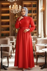 تصویر لباس Neva Style مجلسی شب حجاب ساتن قرمز منجوق دوزی 6176K اورجینال 