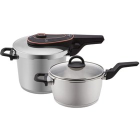 تصویر زودپز دو قلو 4 و 6 لیتری کاراجا مدل Discovery Karaca ا Karaca Discovery Pressure Cooker Set Rose 4+6 Liter Karaca Discovery Pressure Cooker Set Rose 4+6 Liter