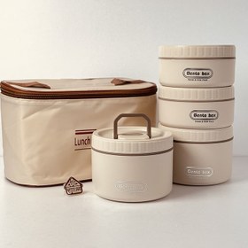 تصویر لانچ باکس ۴تایی با کاور، داخل ظرف جنس استیل، بدنه پلاستیک فشرده 