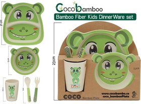 تصویر ست ظرف غذای بامبو کودک ۵تیکه کوکو coco bamboo طرح اژدها سبز dino 