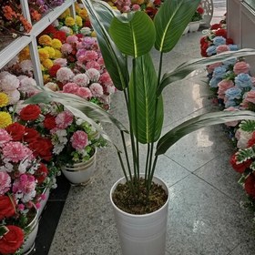 تصویر گل مصنوعی پرنده بهشتی مشابه طبیعی وارداتی بسیارباکیفیت لمسی قدکار130به همراه گلدان پلاستیک فشرده بانمای سرامیک 