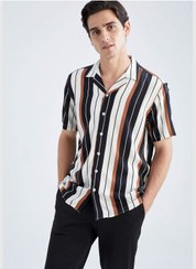 تصویر پیراهن آستین کوتاه با یقه آپاچی مردانه با فیت معمولی برند Defacto Man Regular Fit Apache Neck Woven Short Sleeve Shirt