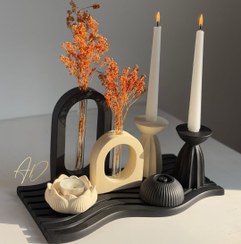 تصویر ست دکوری و تزیینی جلو مبلی سینی موج مشکی-کرم 